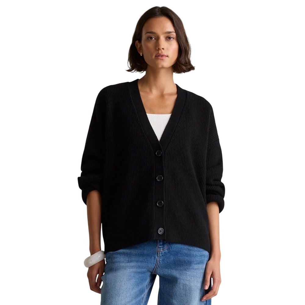 Quince Mongolian Cashmere Fisherman Cropped Boxy Cardigan Sweater Black Small